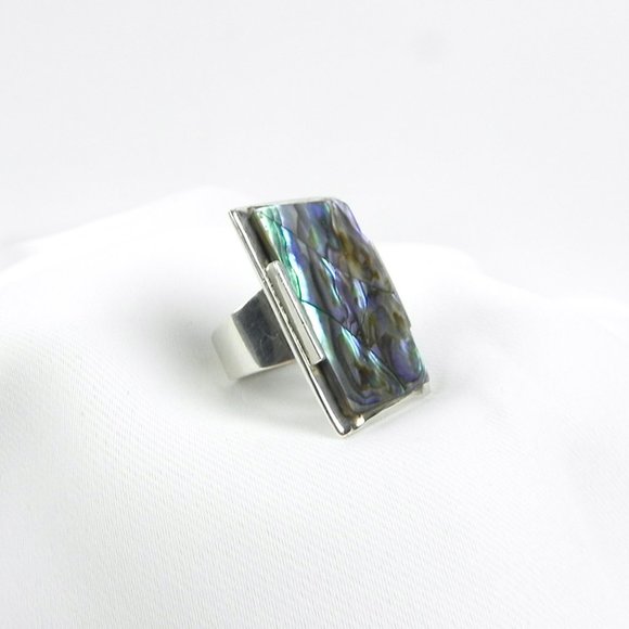 Silver Abalone Ring | 925 Silver Large Chunky Rectangular Accent Ring - Picture 10 of 11